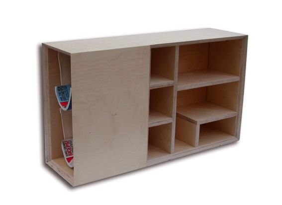 Render of the freestanding unit from the front showing the side shelves